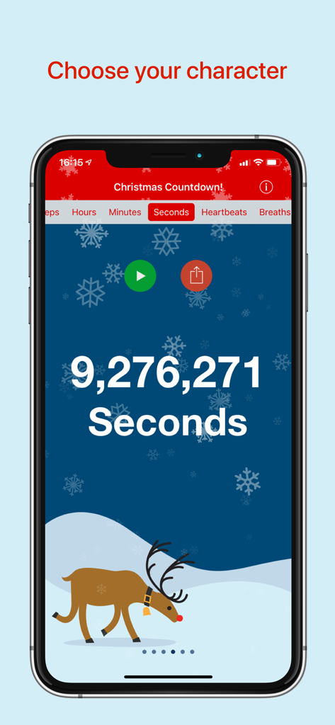 Christmas Countdown! - Christmas Countdown app screen showing time remaining in seconds with a reindeer character.