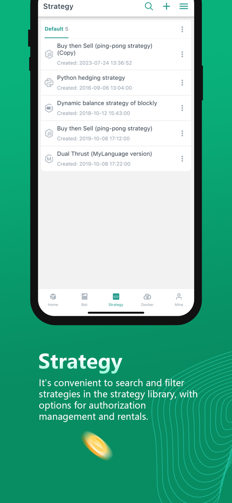 FMZ Quant - FMZ Quant mobile app screen displaying a list of quantitative trading strategies like Python hedging and Dual Thrust.