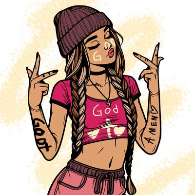 realistic teenage girl with braids and a beanie and crop top doing 🫶🏼