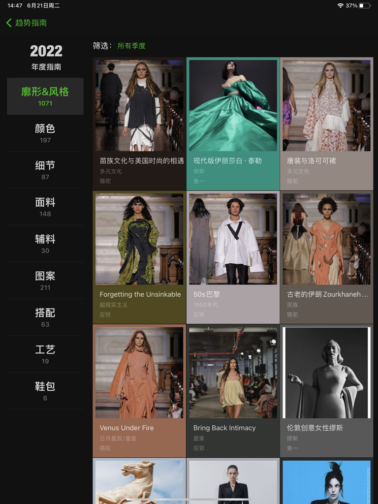 Interfaccia dell'app iPad Daily Fashion HD che visualizza una guida annuale delle tendenze di moda 2022 con una griglia di look da passerella e una barra laterale delle categorie di design.