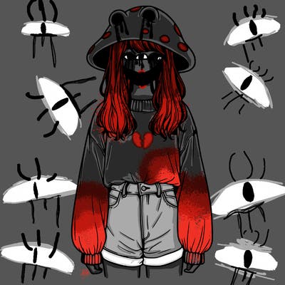 a realistic girl with a frog hat and baggy mushroom shirt
