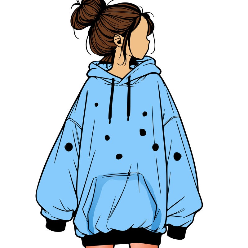 realistic girl with a oversized sweatshirt on and a bun