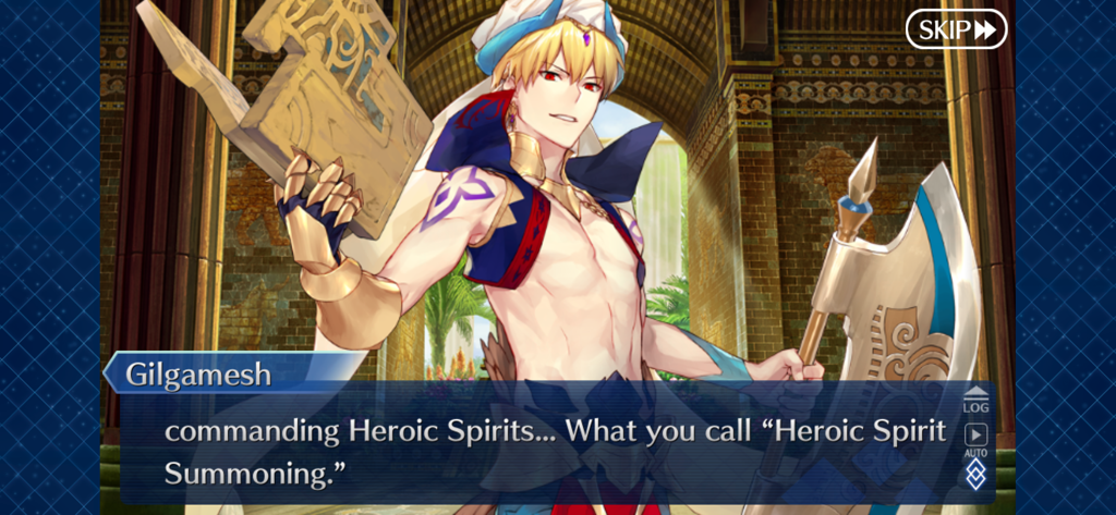 Fate/Grand Order (English) - Character Gilgamesh during a dialogue scene in the Fate Grand Order mobile game