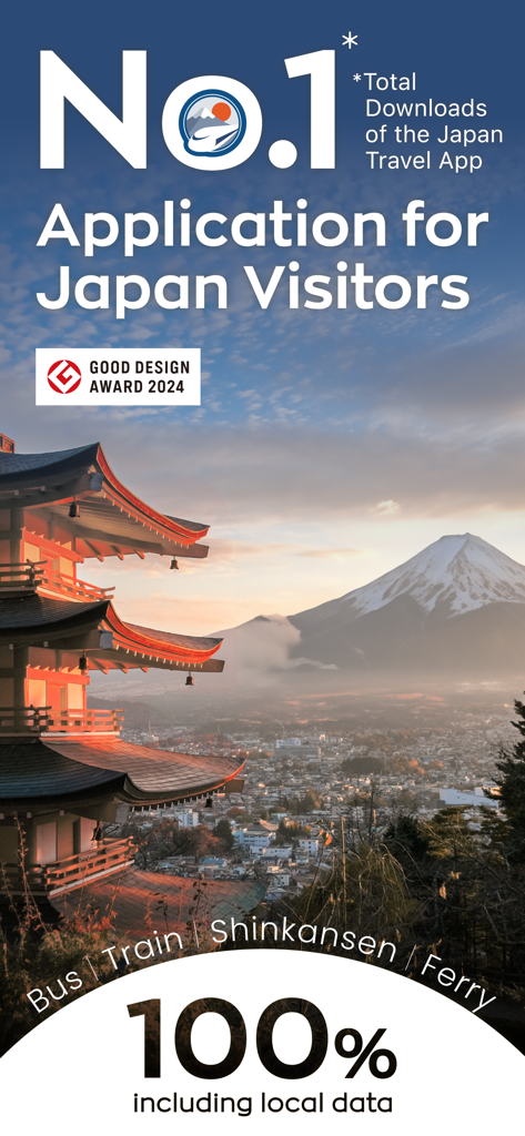 Japan Travel - Smart Transit - Promotional image for Japan Travel app showing Chureito Pagoda and Mount Fuji with transit details.