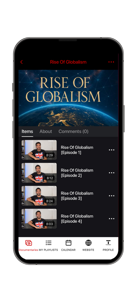 Tousi TV+ - Rise of Globalism 다큐멘터리 시리즈의 에피소드 목록을 보여주는 Tousi TV plus 모바일 앱 화면