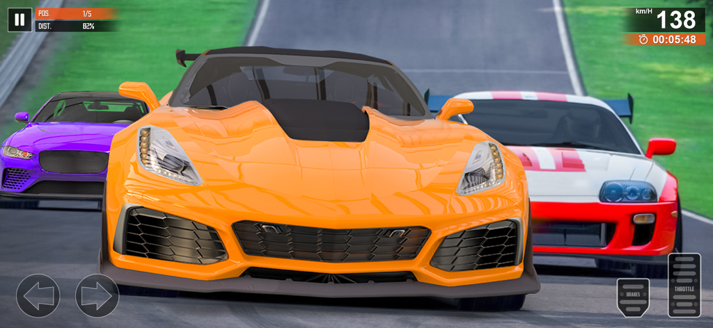 Orange supercar leading a race against two other cars on a track