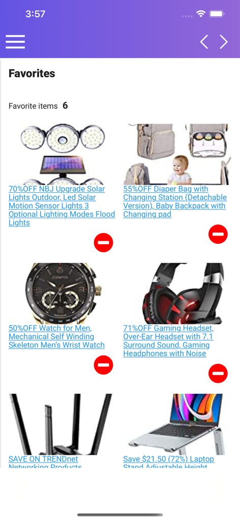 Coupons For Shopping Online - Favoriten-Bildschirm der Coupons For Shopping Online-App, der gespeicherte Amazon-Produktangebote und Rabatte anzeigt