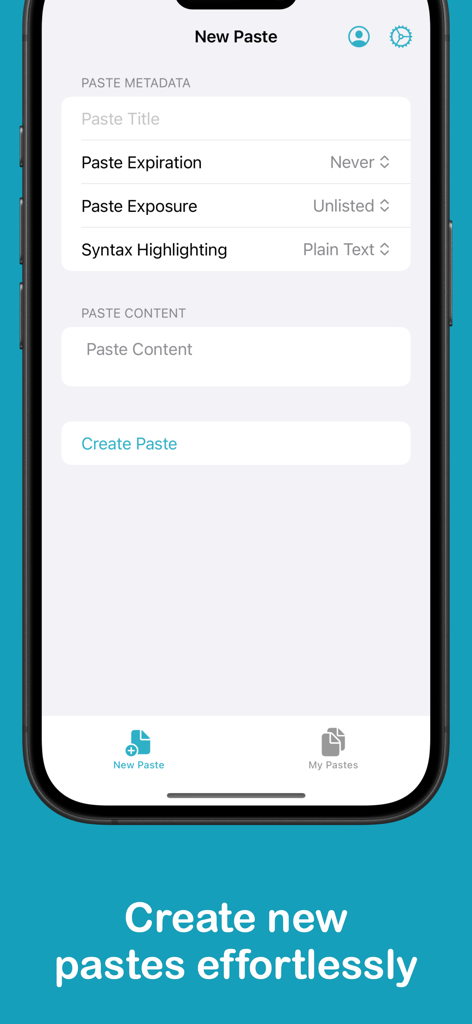 PasteSync - Pastebin Client - A mobile app screen showing the interface for creating a new paste with metadata fields for title, expiration, exposure, and syntax highlighting.