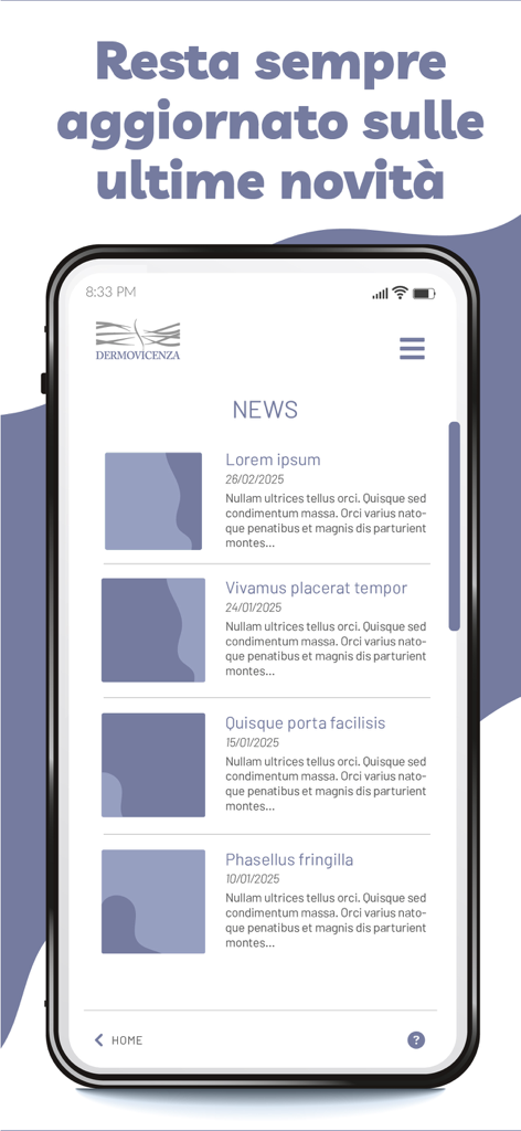 Dermovicenza - Ein Smartphone, das den News- und neuesten Updates-Feed der Dermovicenza Medical App anzeigt
