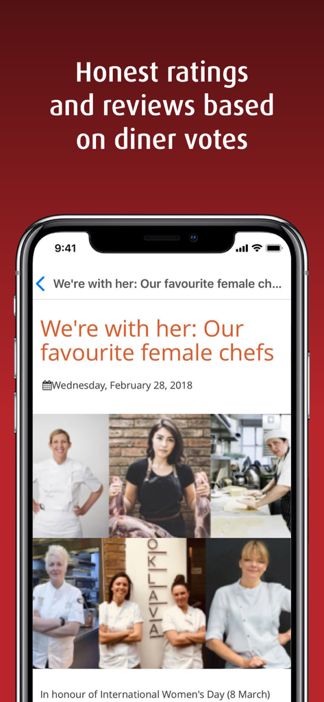 Hardens: Restaurant Guide - Hardens Restaurant Guide app screen featuring an article on female chefs and honest reviews.