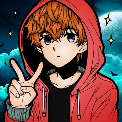 teenage manga boy in a hoodie, doing ✌