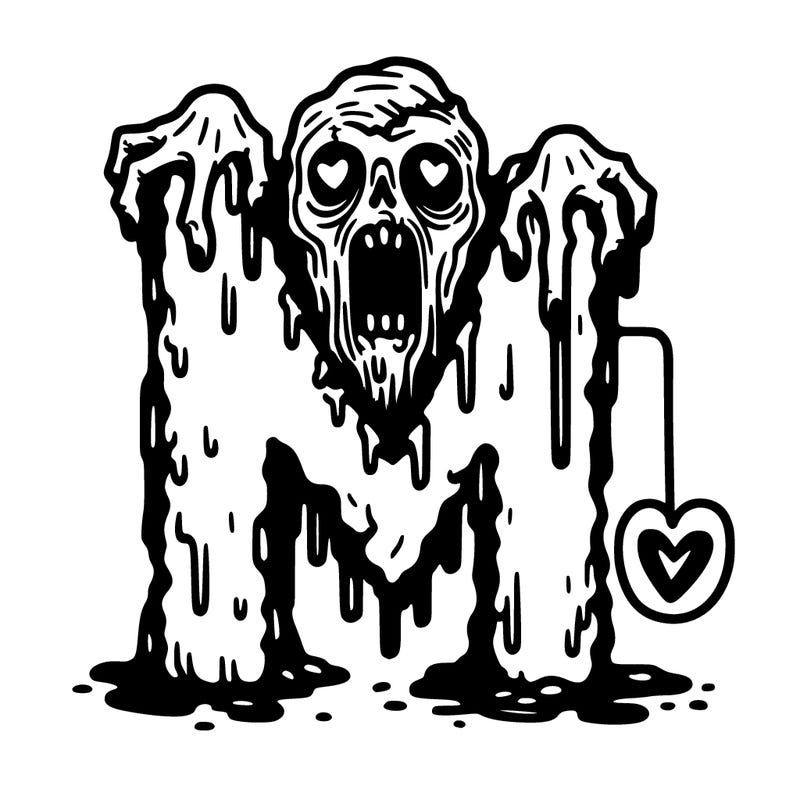 horror drawing with a heart embedded and the letter m