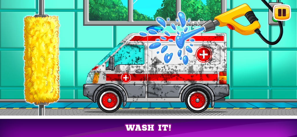 A cartoon ambulance being washed with a water hose and a yellow brush in a car wash station