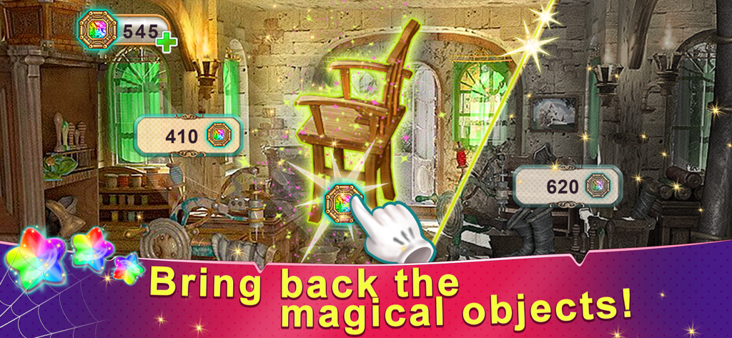 Rainbow Web 3 - A gameplay screenshot of Rainbow Web 3 showing the restoration of a magical wooden chair in an enchanted workshop with currency icons and hidden object elements.