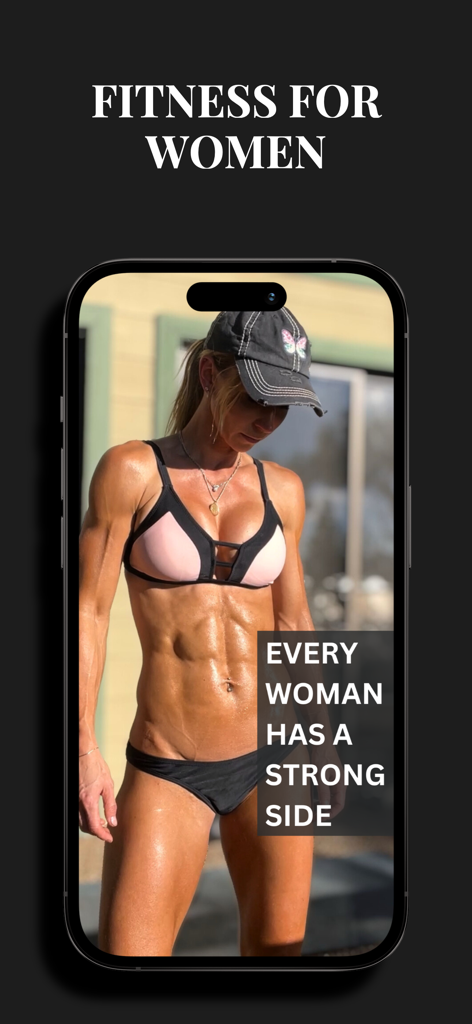 ZGYM - ZGYM app screen showing a fit muscular woman with the headline Fitness for Women and the text Every woman has a strong side.