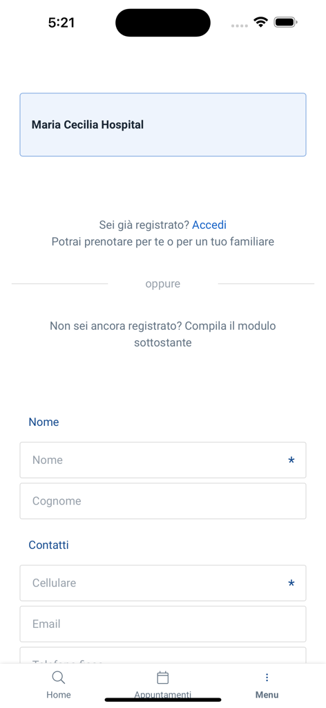 My GHC - Formulario de registro de usuario para el Hospital Maria Cecilia en la aplicación móvil My GHC