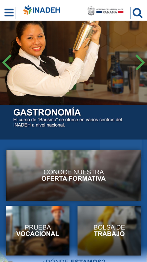 INADEH - INADEH mobile app home screen showing gastronomy courses vocational testing and job board options