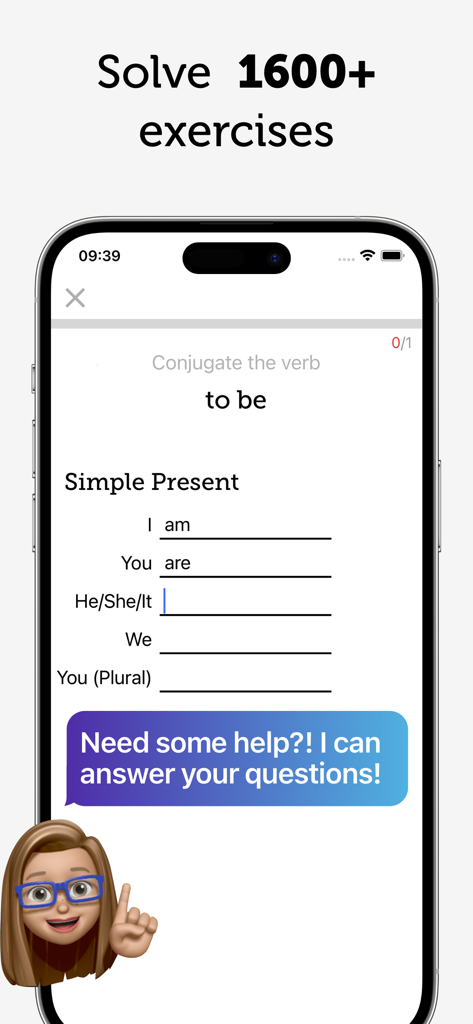 English grammar exercise on an iPhone screen showing simple present verb conjugation with help from an AI tutor