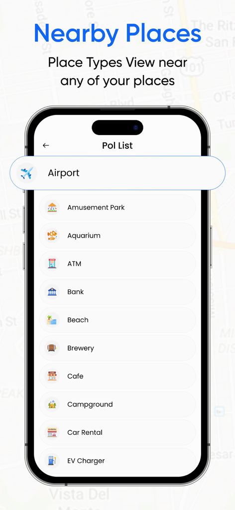 Street View Live 360 Map View - A mobile screen showing a list of nearby places categories such as airport atm and cafe