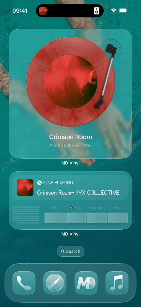An iPhone home screen featuring aesthetic MD Vinyl music widgets with a spinning record player and now playing controls