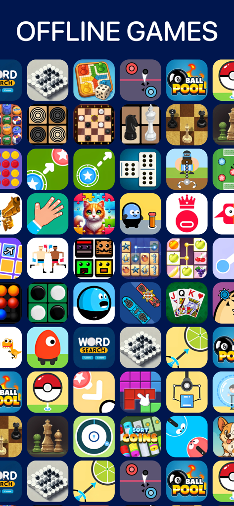 A grid layout showcasing a variety of mini-game icons like Chess, Ludo, and 8-Ball Pool under the text Offline Games.
