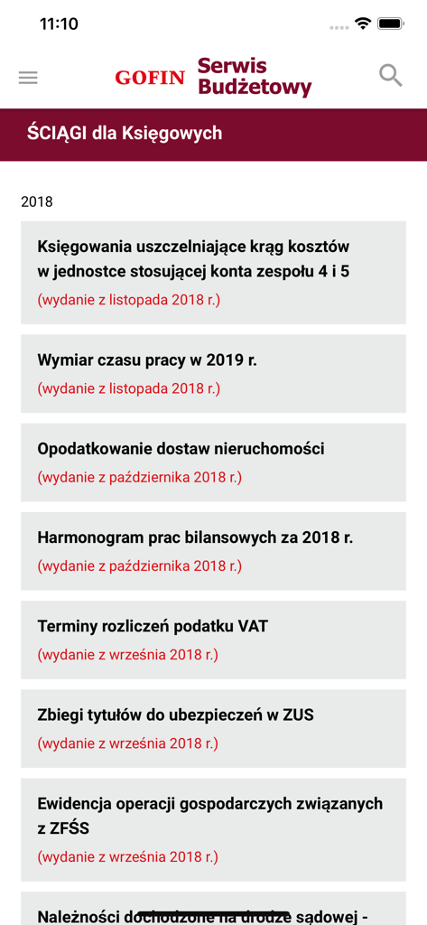 Mobile app interface of GOFIN Serwis Budzetowy displaying a list of accounting cheat sheets and professional topics