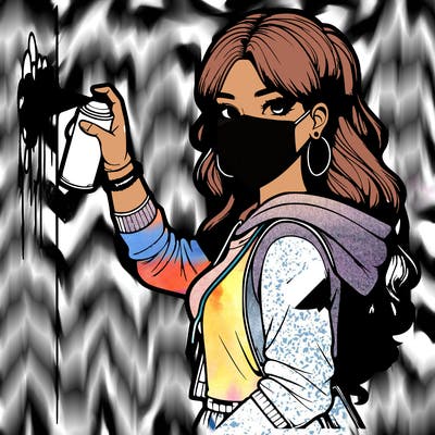 realistic girl with mask spray painting a wall