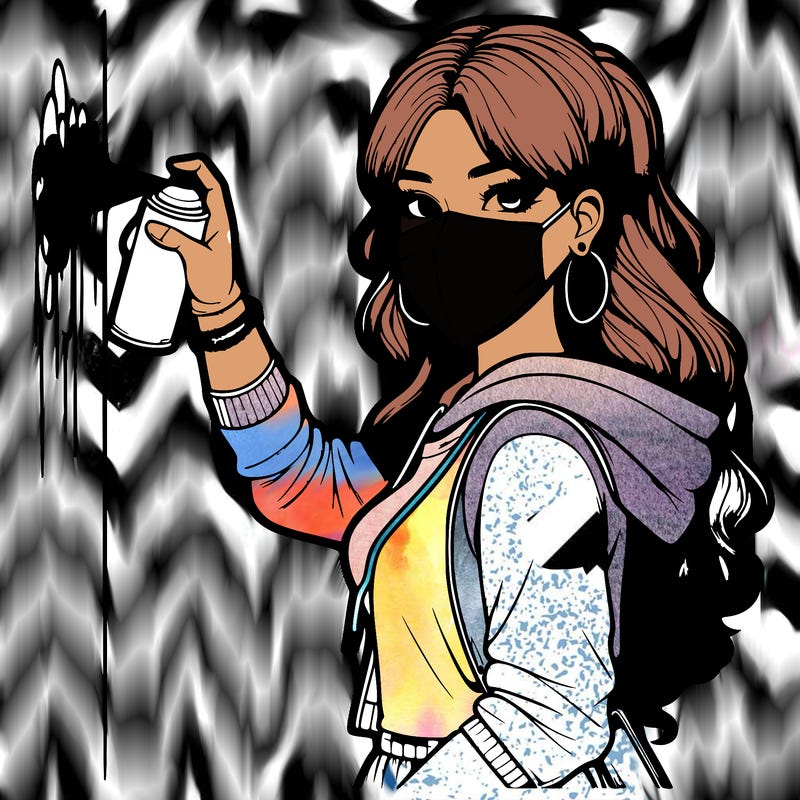 realistic girl with mask spray painting a wall