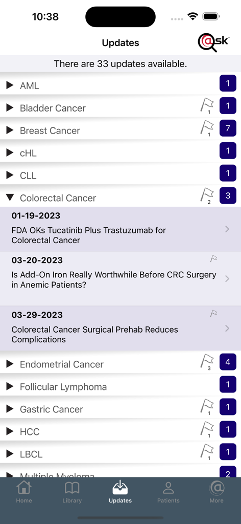 Screenshot of the clinical updates section in the Hem/Onc app showing latest research and FDA approvals for various cancer types