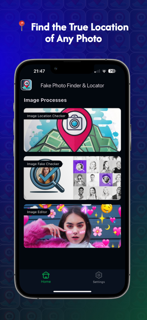 Fake Photo Finder & Locator - Tela inicial do aplicativo Localizador e Detector de Fotos Falsas com ferramentas para verificação de localização de imagens, detecção de falsificações e edição de fotos