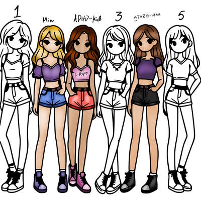 a group of girls wearing crop tops and shorts