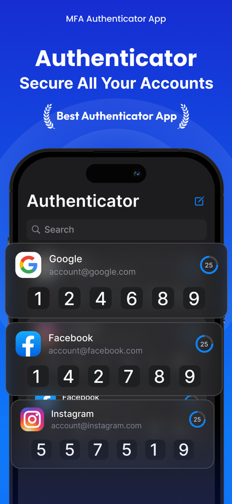 MFA-2FA Authenticator,OTP,Auth - La app MFA Authenticator mostrando códigos de autenticación de dos factores para cuentas de redes sociales y correo electrónico