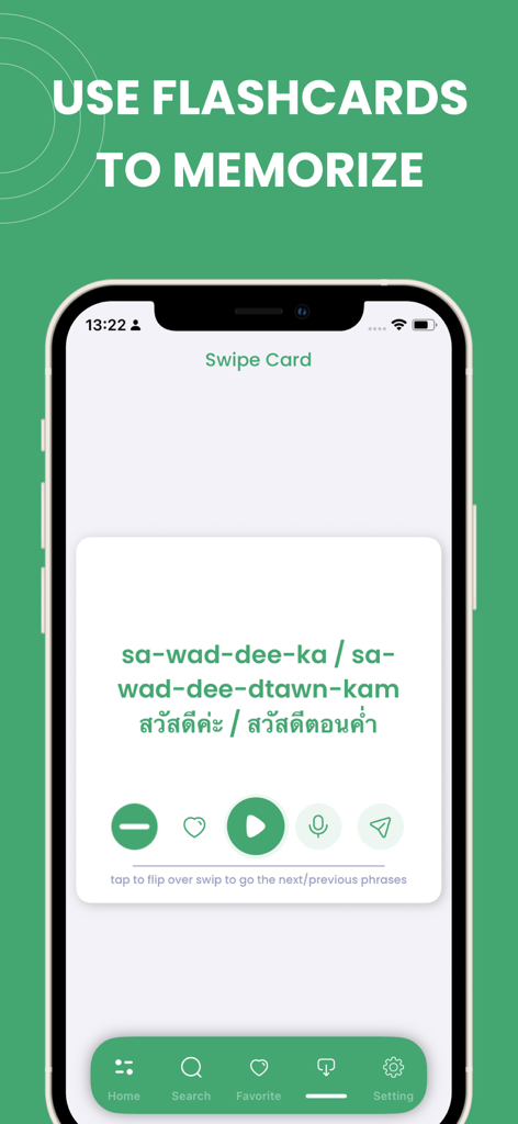 Learn Thai -Travel Phrasebook - Flashcard feature in the Learn Thai Travel Phrasebook app for memorizing phrases.