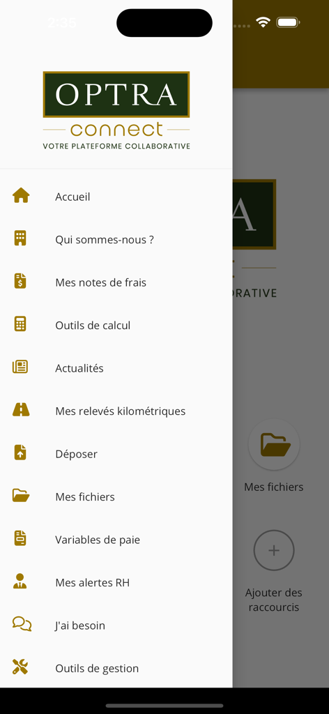Barre latérale de navigation de l'application Optra Connect affichant les fonctionnalités de gestion d'entreprise.