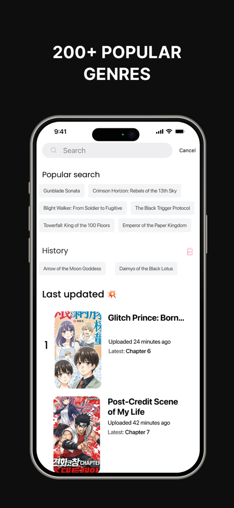 Manga Reader Infinity - Écran de recherche de l'application Manga Reader Infinity montrant les titres de mangas populaires et les mises à jour de chapitres horaires