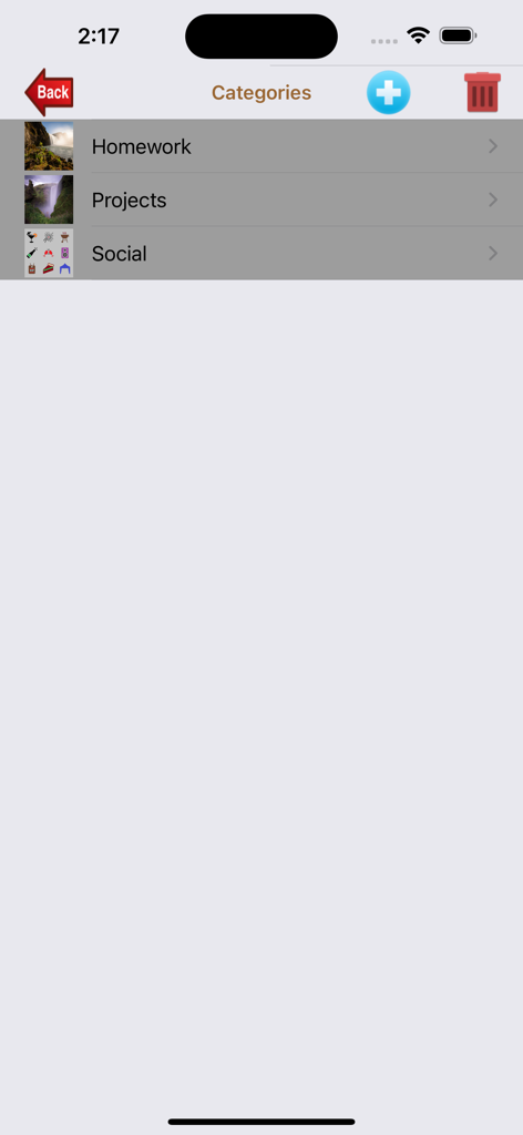 Event Manager - イベントマネージャーアプリの「宿題」「プロジェクト」「ソーシャル」などのイベントカテゴリのリスト。