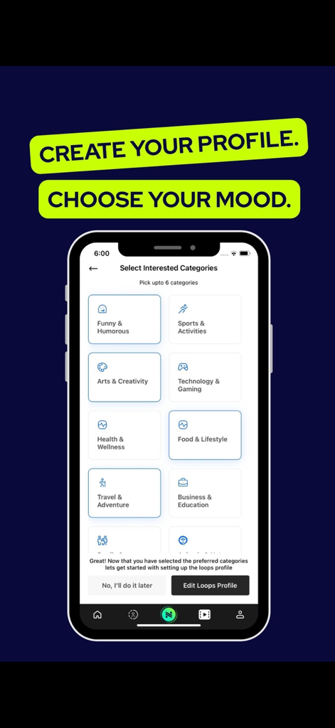 Nexiun: Dating App & Friends - Una pantalla de aplicación móvil mostrando categorías de intereses como Deportes y Artes para crear un perfil en Nexiun.