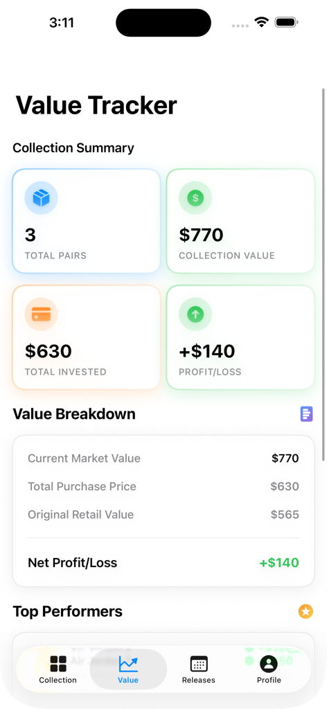 Shoebox - Sneaker Collection - Dashboard of the Shoebox app showing sneaker collection value and profit statistics