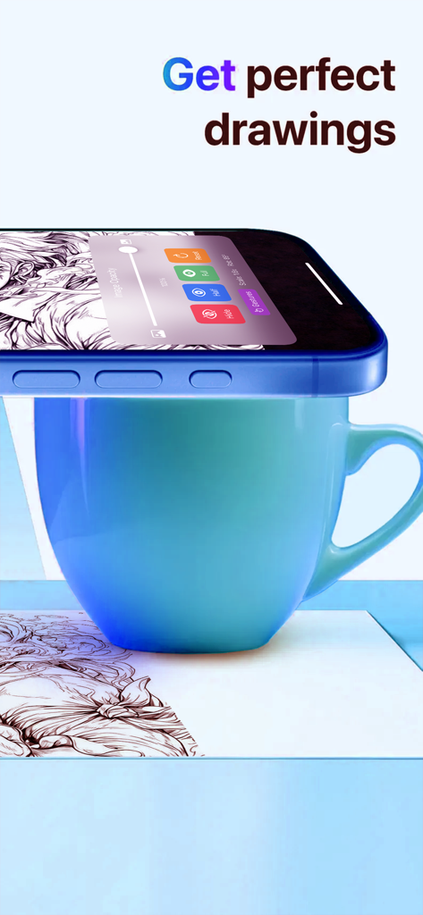 紙にアニメキャラクターをトレースするためにARプロジェクターとして使用されているマグカップに乗せられたスマートフォン