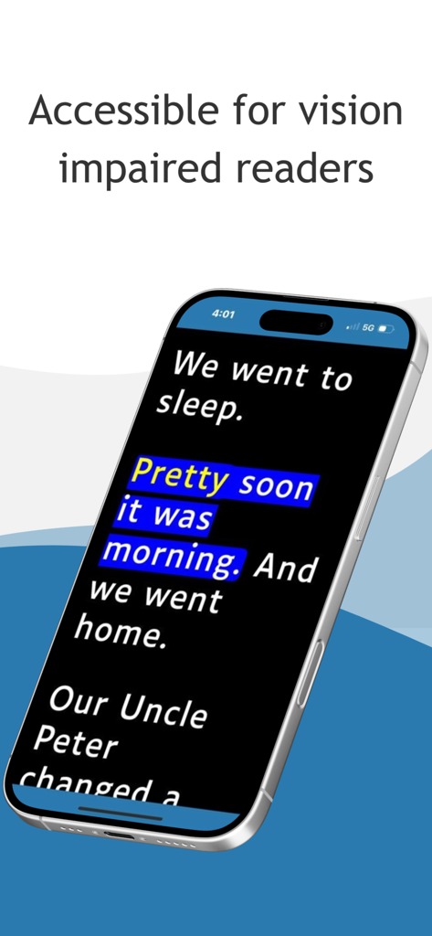 Dolphin EasyReader app interface showing high contrast text and word highlighting for vision impaired readers