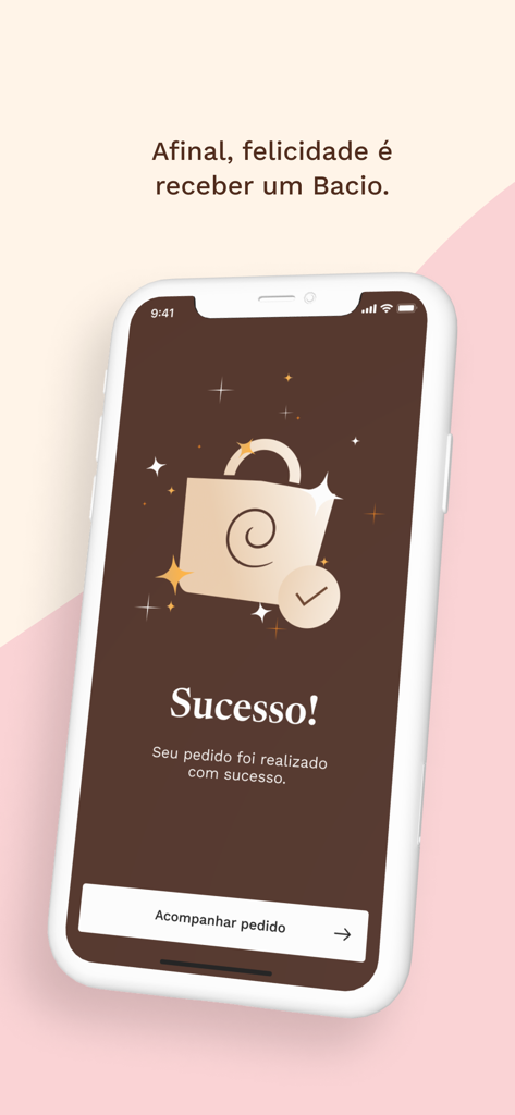 Bacio di Latte - Écran de confirmation de commande sur l'application Bacio di Latte montrant un message de succès et un bouton pour suivre la commande.