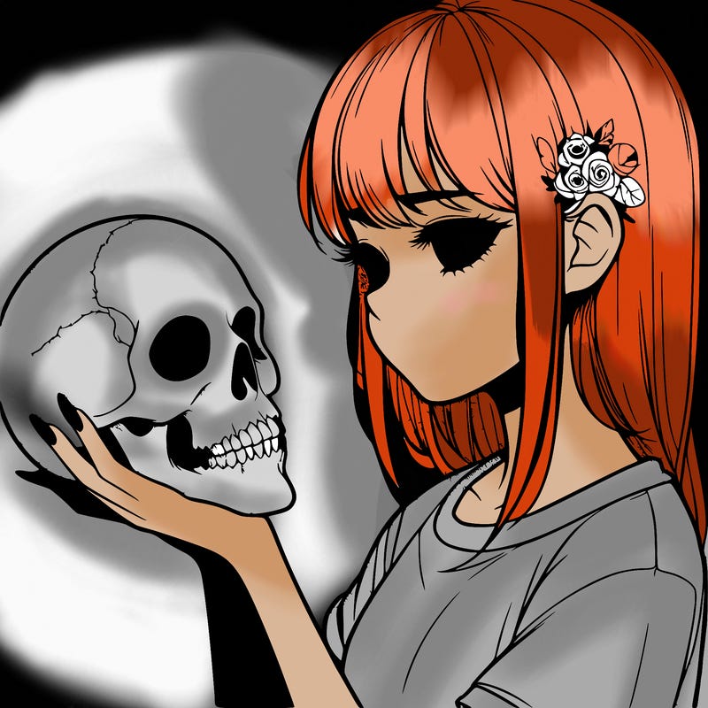 girl holding a skull realistic