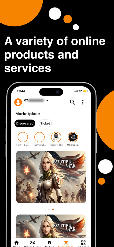 Captura de pantalla del mercado de la aplicación Orange Max it Liberia mostrando varios productos y servicios digitales.