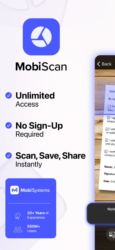 Destaques do aplicativo MobiScan mostrando digitalização ilimitada e sem necessidade de cadastro