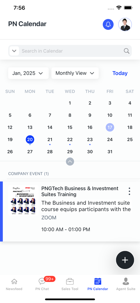 PN Business Suite - PN Business Suite mobile app monthly calendar view showing a scheduled real estate training event