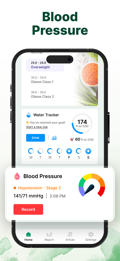 Step Counter and Pedometer App - A smartphone screen displaying blood pressure logs and water intake tracking features of a fitness app.