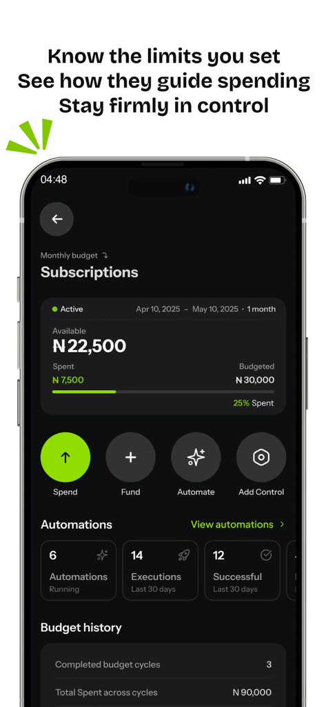 Delight: Plan, spend and grow - Interface of the Delight app displaying a monthly subscription budget with spending progress and management controls