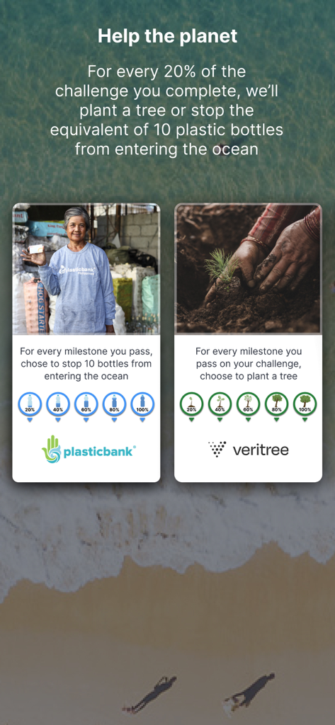 The Conqueror Challenges app screen showing sustainability rewards like planting trees or removing plastic bottles for completing fitness milestones.