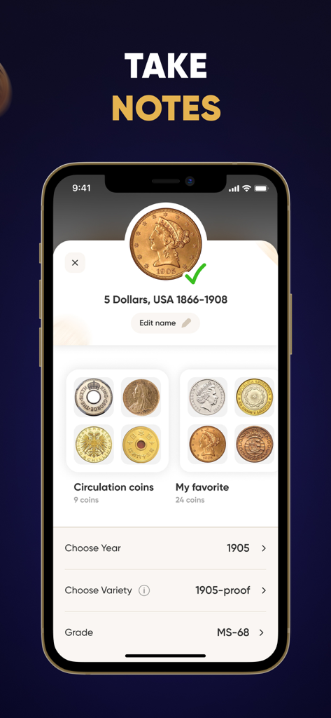 Coin Identifier - CoinScan - Mobile screen of CoinScan app displaying coin identification details and collection management features