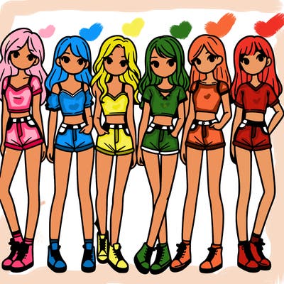 a group of girls wearing crop tops and shorts